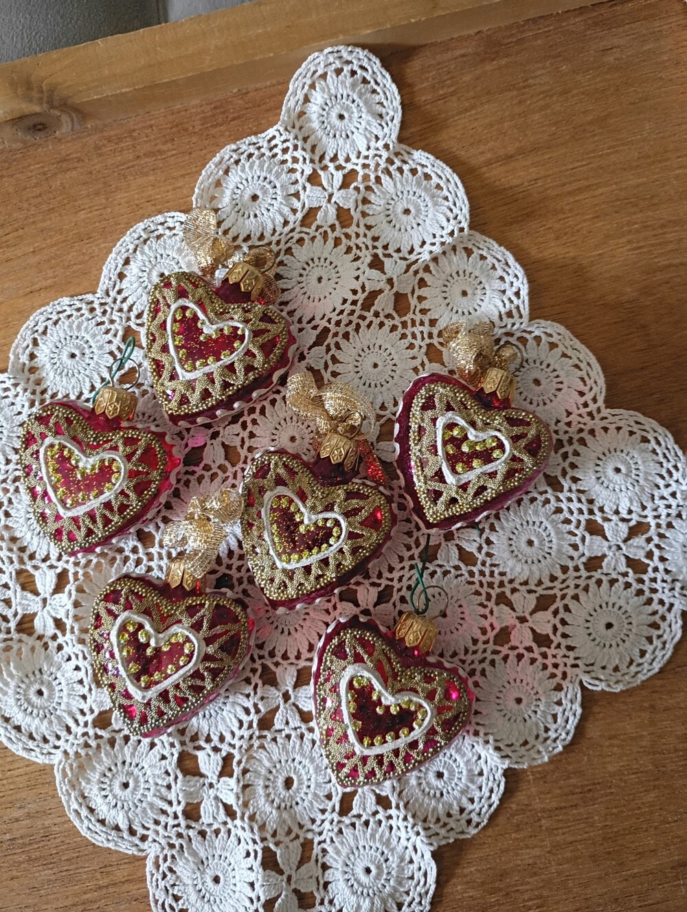 6 Heart Shaped Ornaments, Approximately 1.5" L x 1.5" W, Gold Ribbon Red/White
